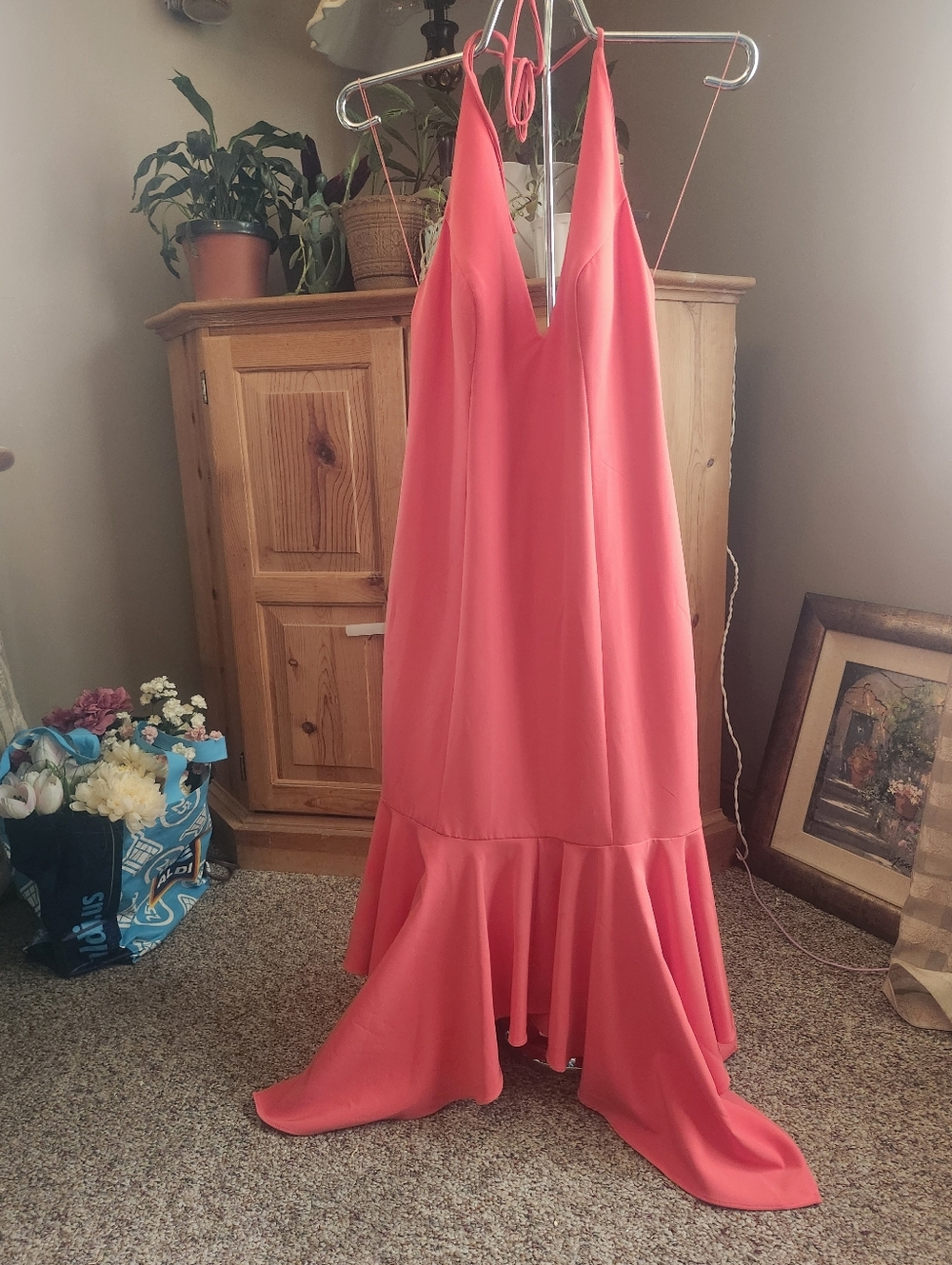 Aidan By Aidan Mattox - Elegant Coral V-Neck Halter Mermaid Dress